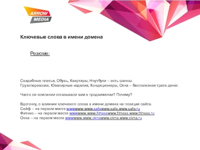 Ключевые слова в имени домена Резюме: Свадебные платья, Обувь, Квартиры, Ноутбуки –