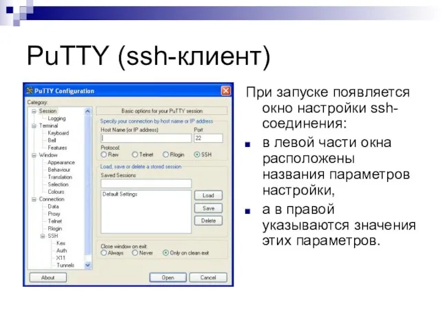 PuTTY (ssh-клиент) При запуске появляется окно настройки ssh-соединения: в левой части окна