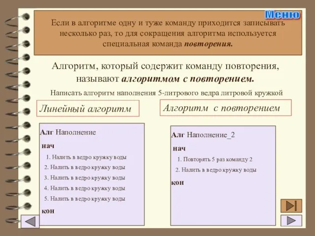 Алгоритм, который содержит команду повторения, называют алгоритмом с повторением. Написать алгоритм наполнения