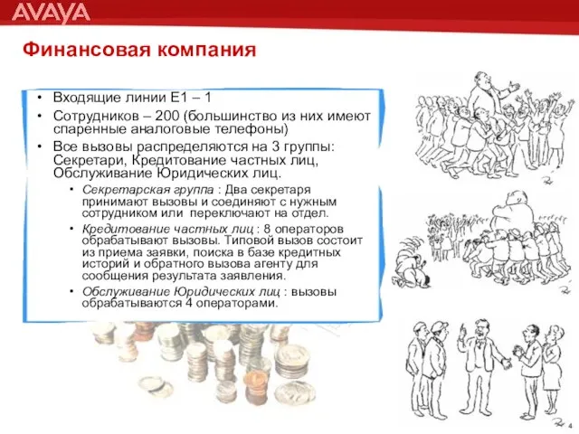 Финансовая компания Входящие линии E1 – 1 Сотрудников – 200 (большинство из