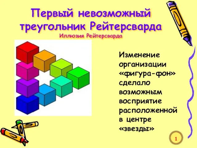 Первый невозможный треугольник Рейтерсварда Иллюзия Рейтерсварда Изменение организации «фигура-фон» сделало возможным восприятие