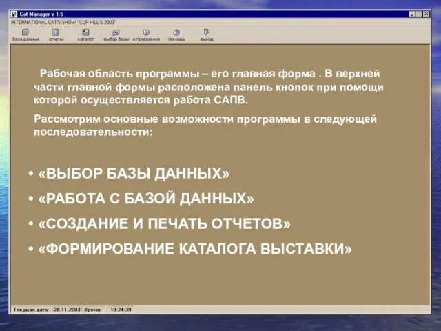 Рабочая область программы – его главная форма . В верхней части главной