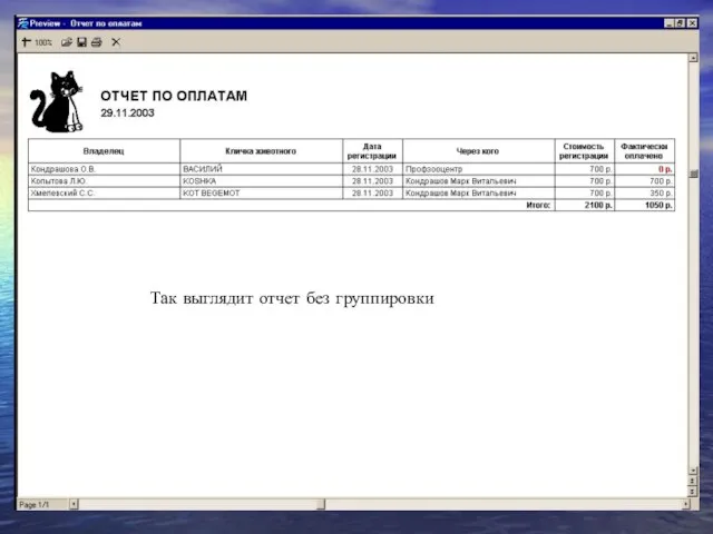 Так выглядит отчет без группировки