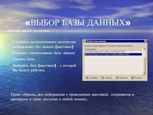 «ВЫБОР БАЗЫ ДАННЫХ» Данный диалог позволяет Создавать неограниченное количество независимых баз данных