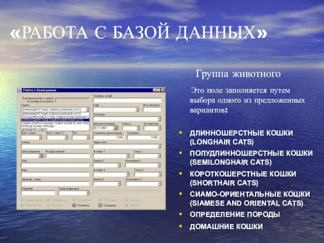 «РАБОТА С БАЗОЙ ДАННЫХ» Группа животного Это поле заполняется путем выбора одного