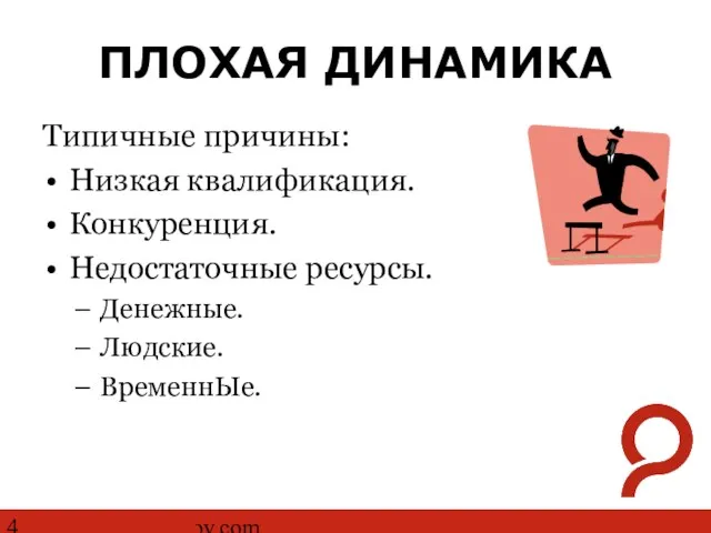 http://www.ashmanov.com ПЛОХАЯ ДИНАМИКА Типичные причины: Низкая квалификация. Конкуренция. Недостаточные ресурсы. Денежные. Людские. ВременнЫе.