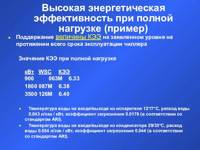 Высокая энергетическая эффективность при полной нагрузке (пример) Поддержание величины КЭЭ на заявленном