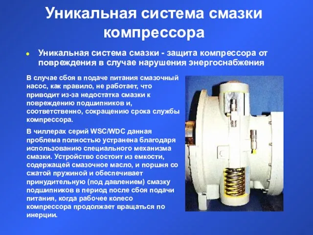 Уникальная система смазки компрессора Уникальная система смазки - защита компрессора от повреждения