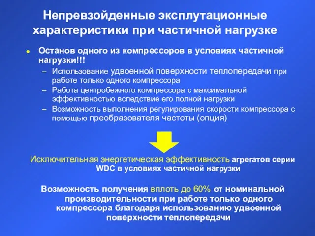 Непревзойденные эксплутационные характеристики при частичной нагрузке Останов одного из компрессоров в условиях