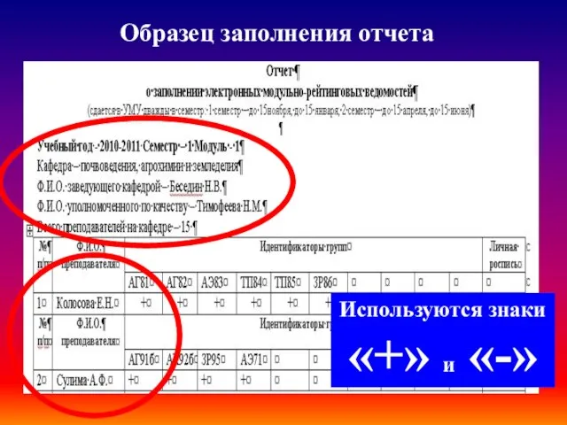 Образец заполнения отчета Используются знаки «+» и «-»