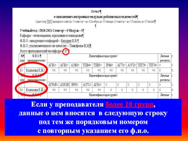 Если у преподавателя более 10 групп, данные о нем вносятся в следующую