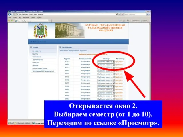 Открывается окно 2. Выбираем семестр (от 1 до 10). Переходим по ссылке «Просмотр».