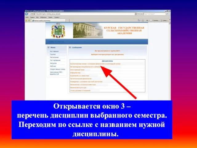 Открывается окно 3 – перечень дисциплин выбранного семестра. Переходим по ссылке с названием нужной дисциплины.