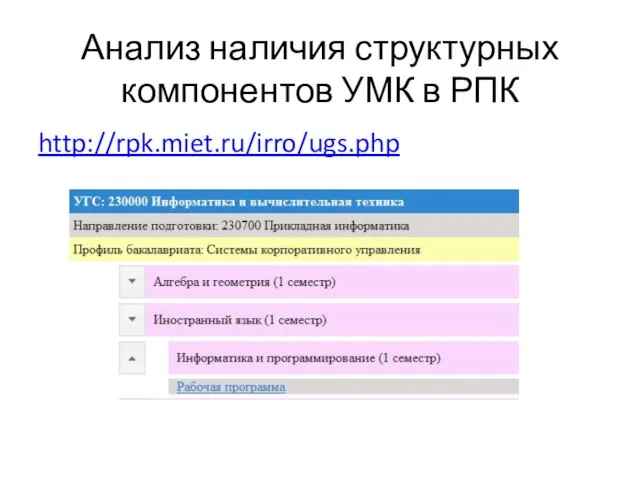 Анализ наличия структурных компонентов УМК в РПК http://rpk.miet.ru/irro/ugs.php