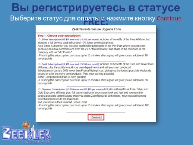 Вы регистрируетесь в статусе FREE: Выберите статус для оплаты и нажмите кнопку Continue