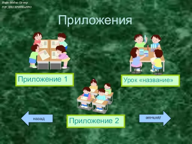 Приложение 1 Урок «название» Приложение 2 Приложения назад дальше Инфо-Медиа-Центр ГОУ ДПО ХРИПКиПРО