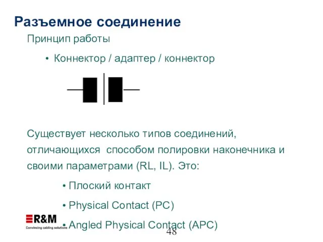 Разъемное соединение Принцип работы Коннектор / адаптер / коннектор Существует несколько типов