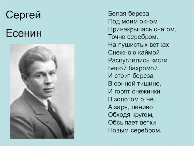 Белая береза Под моим окном Принакрылась снегом, Точно серебром. На пушистых ветках