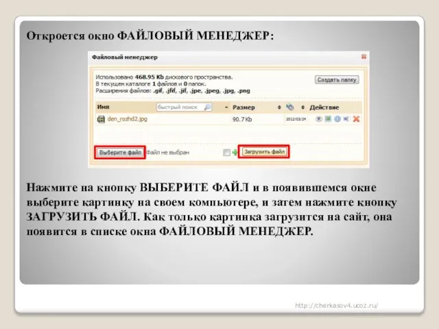 Откроется окно ФАЙЛОВЫЙ МЕНЕДЖЕР: Нажмите на кнопку ВЫБЕРИТЕ ФАЙЛ и в появившемся