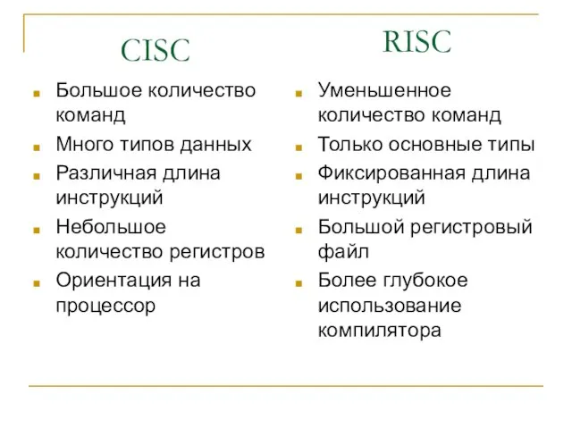 CISC Большое количество команд Много типов данных Различная длина инструкций Небольшое количество