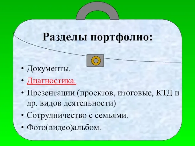 Разделы портфолио: Документы. Диагностика. Презентации (проектов, итоговые, КТД и др. видов деятельности) Сотрудничество с семьями. Фото(видео)альбом.