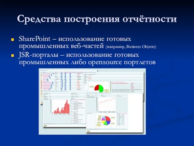 Средства построения отчётности SharePoint – использование готовых промышленных веб-частей (например, Business Objects)