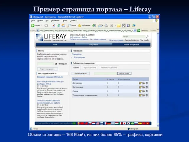 Пример страницы портала – Liferay Объём страницы – 168 Кбайт, из них