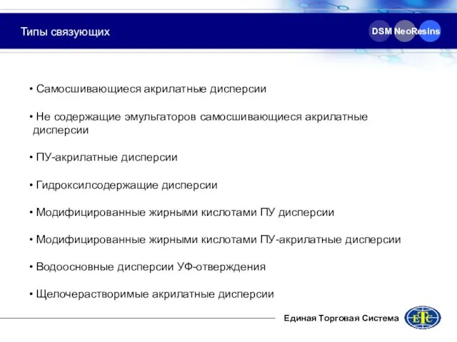 DSM NeoResins Типы связующих Самосшивающиеся акрилатные дисперсии Не содержащие эмульгаторов самосшивающиеся акрилатные