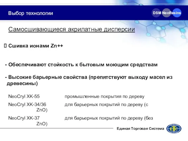 Единая Торговая Система Выбор технологии DSM NeoResins Сшивка ионами Zn++ Обеспечивают стойкость