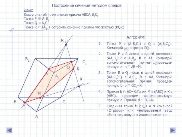Построение сечения методом следов Дано: Косоугольный треугольная призма ABCA1B1C1 Точка P ∈