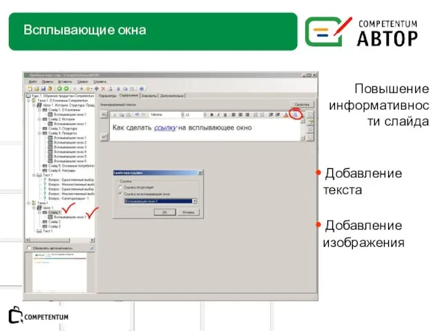 Всплывающие окна Подзаголовок слайда Повышение информативности слайда Добавление текста Добавление изображения