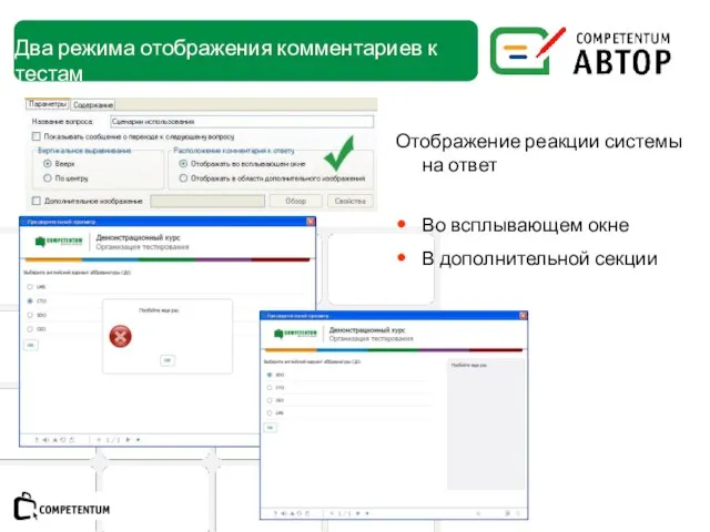 Отображение реакции системы на ответ Во всплывающем окне В дополнительной секции Два