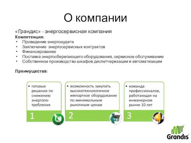 О компании «Грандис» - энергосервисная компания Компетенция: Проведение энергоаудита Заключение энергосервисных контрактов