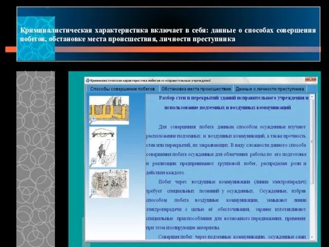 Криминалистическая характеристика включает в себя: данные о способах совершения побегов, обстановке места происшествия, личности преступника