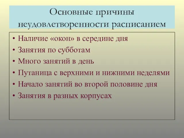 Основные причины неудовлетворенности расписанием Наличие «окон» в середине дня Занятия по субботам