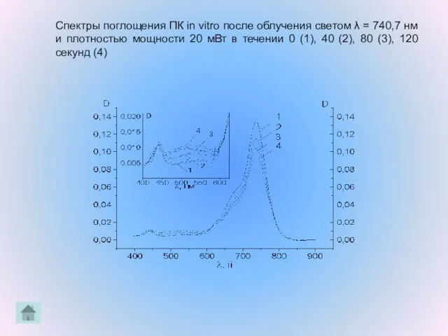 Спектры поглощения ПК in vitro после облучения светом λ = 740,7 нм