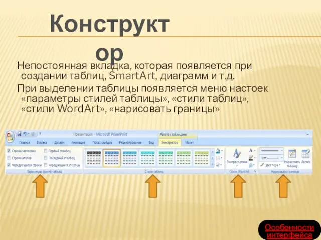 Непостоянная вкладка, которая появляется при создании таблиц, SmartArt, диаграмм и т.д. При