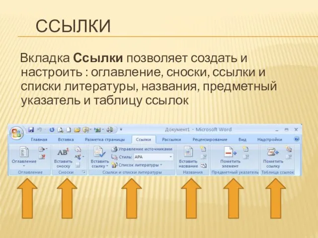 ССЫЛКИ Вкладка Ссылки позволяет создать и настроить : оглавление, сноски, ссылки и