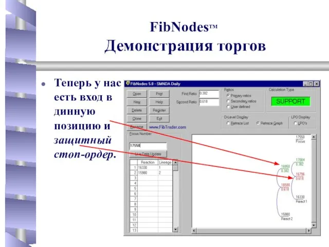 Теперь у нас есть вход в динную позицию и защитный стоп-ордер. FibNodesTM Демонстрация торгов