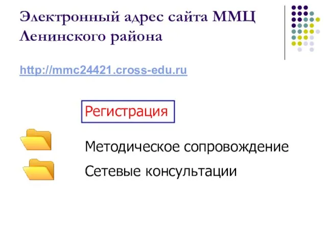 Электронный адрес сайта ММЦ Ленинского района http://mmc24421.cross-edu.ru Методическое сопровождение Сетевые консультации Регистрация