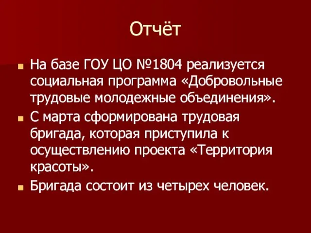 Отчёт На базе ГОУ ЦО №1804 реализуется социальная программа «Добровольные трудовые молодежные