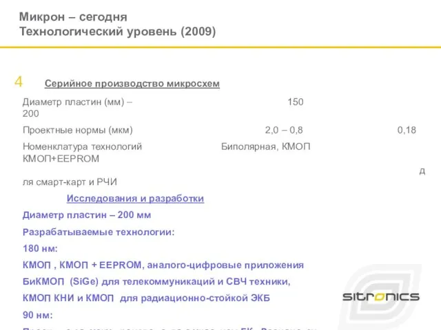 Микрон – сегодня Технологический уровень (2009) Серийное производство микросхем Диаметр пластин (мм)