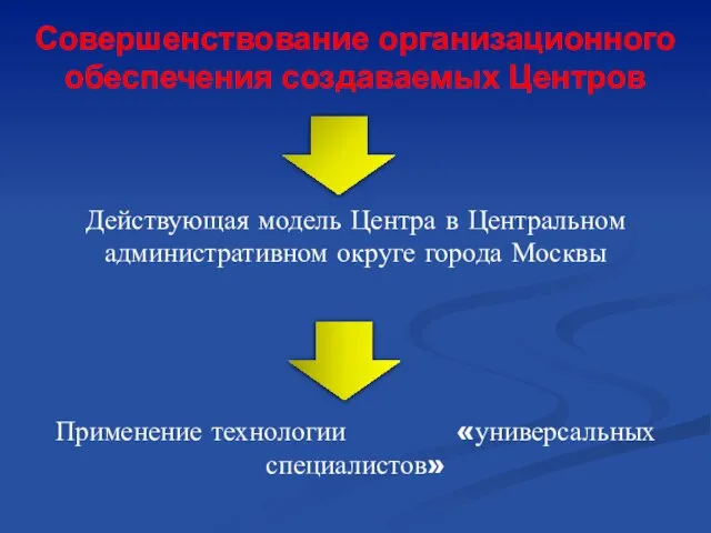 Совершенствование организационного обеспечения создаваемых Центров Действующая модель Центра в Центральном административном округе