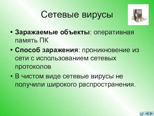 Сетевые вирусы Заражаемые объекты: оперативная память ПК Способ заражения: проникновение из сети