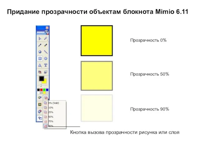 Прозрачность 0% Прозрачность 50% Прозрачность 90% Кнопка вызова прозрачности рисунка или слоя