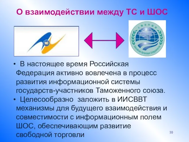 О взаимодействии между ТС и ШОС В настоящее время Российская Федерация активно