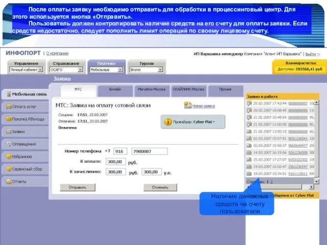 www.Infoport.ru Наличие денежных средств на счету пользователя После оплаты заявку необходимо отправить