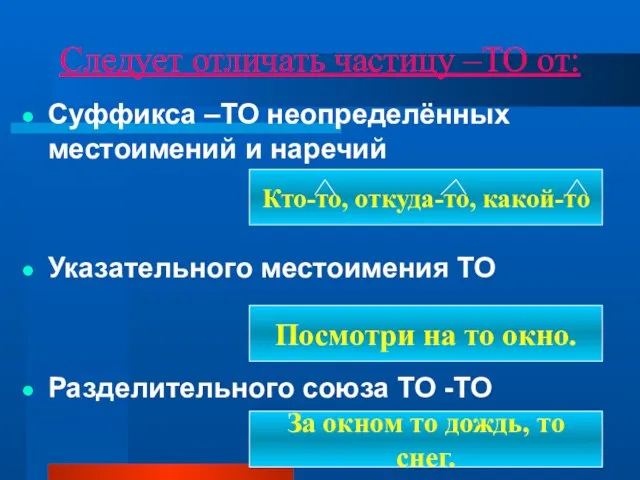 Следует отличать частицу –ТО от: Суффикса –ТО неопределённых местоимений и наречий Указательного