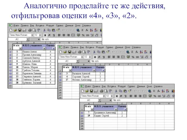 Аналогично проделайте те же действия, отфильтровав оценки «4», «3», «2».