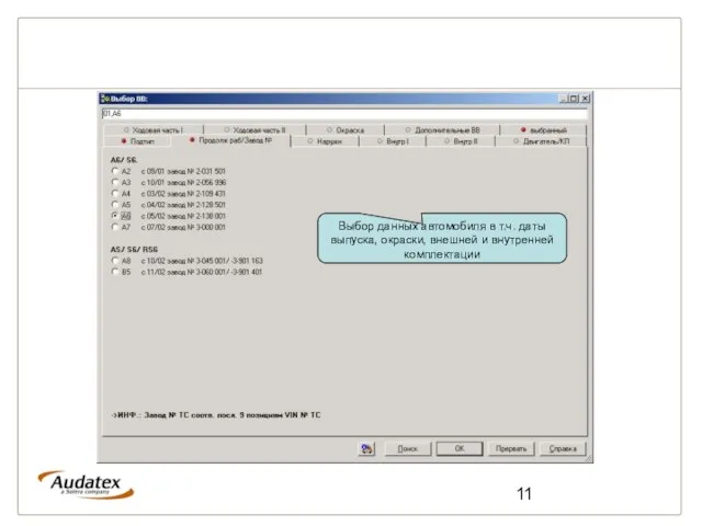 Выбор данных автомобиля в т.ч. даты выпуска, окраски, внешней и внутренней комплектации